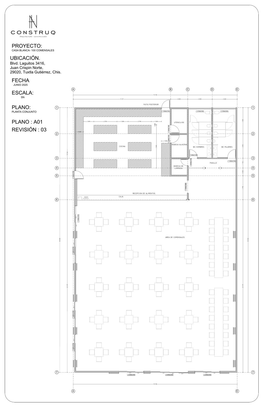Taquitos Casa Blanca 2 · planta 100 comensales · Construq · Arq. Almira Hernández Salinas