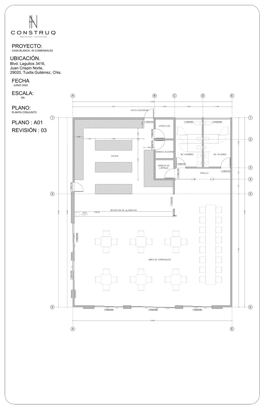 Taquitos Casa Blanca 2 · planta 40 comensales · Construq · Arq. Almira Hernández Salinas
