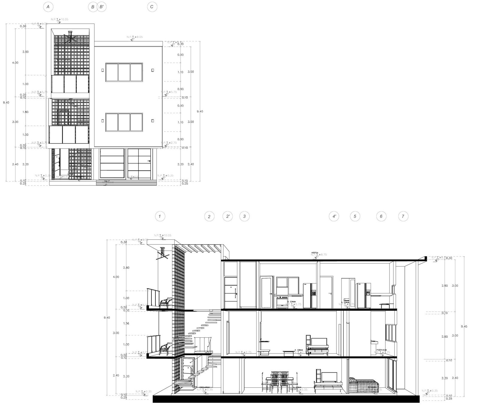 Departamentos modelo · fachada y corte · Construq · Arq. Almira Hernández Salinas