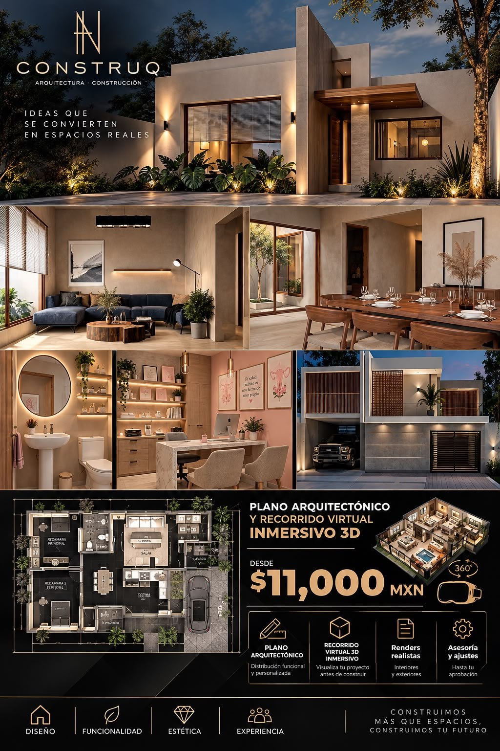 Plano arquitectónico y recorrido virtual 3D desde $11,000 MXN · Construq · Arq. Almira Hernández Salinas